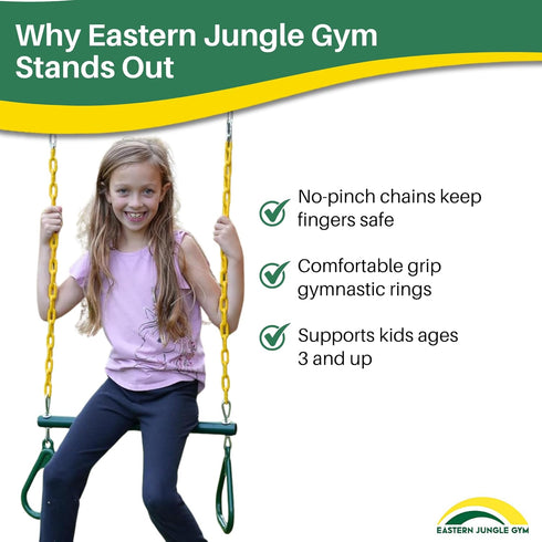20" Pinch-Free 43" Eastern Jungle Gym Heavy-Duty Ring Trapeze Bar Combo, Large Trapeze Swing Bar with Triangular