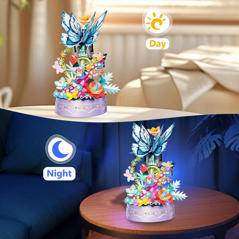 louyebh Set Girls(630PCS) Flowers Music Box Building Block with Light, Botanical Collection Mini Brick Music Box
