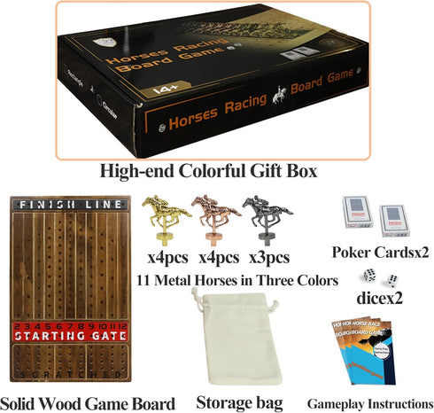 11 2 2 HOROW Horse Racing Game - Wooden Horse Race Board Game with Luxury Metal Horses Dice and Cardsfor Kentucky Derby