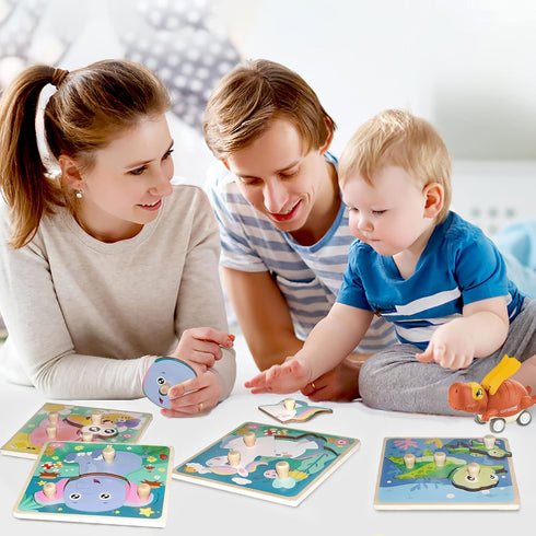 Wooden Toddler Puzzles, Funsland Peg Puzzles Gifts, Eco-Friendly Animal Patterns Jigsaw for 1-3 Years Old