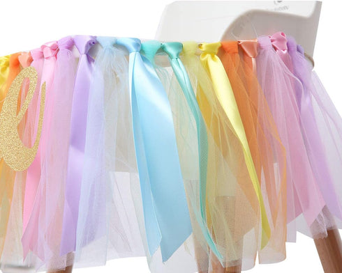 1st Pastel Rainbow High Chair Banner for Birthday - Party Supplies with Tutu Skirt and Pennant