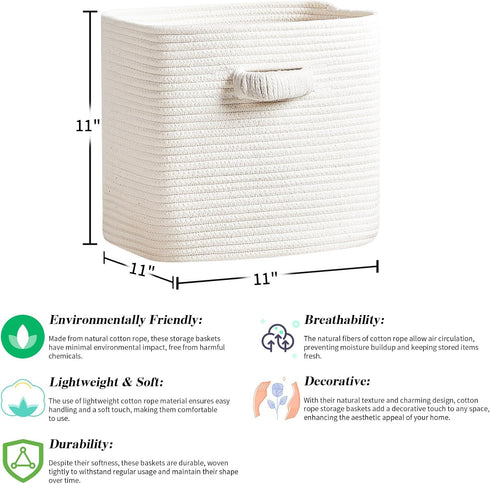 3 Pack 11 inch Closet, RUNKA Storage Cube Baskets - - Square Baskets for Woven Bins - Ideal for Toy Storage | White