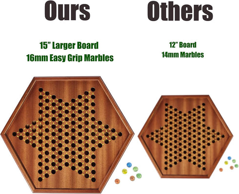 15" 16mm 60+12 VAMSLOVE Chinese Checkers Large Upgraded Version Wooden Game Board, Colorful Glass Marbles, Easy