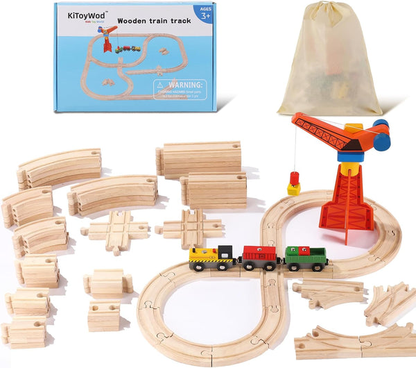 KiToyWod Wooden Train Track Set 62pcs, Wood Railway Systems Accessories Expansion Pack with