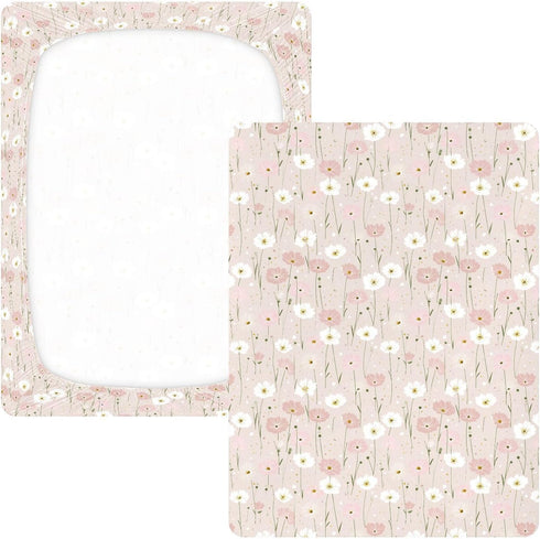 miaozhen 1 Pack 52x28 Cotton Baby Crib Sheets for Boys Girls Soft Comfy Naughty Grassland Floral Pink Playard Mattress