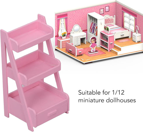 Dollhouse Flower Plants Rack, 3 Layers Hand Crafted Birch Wood Flower Shelf with Storage Drawer for Doll House