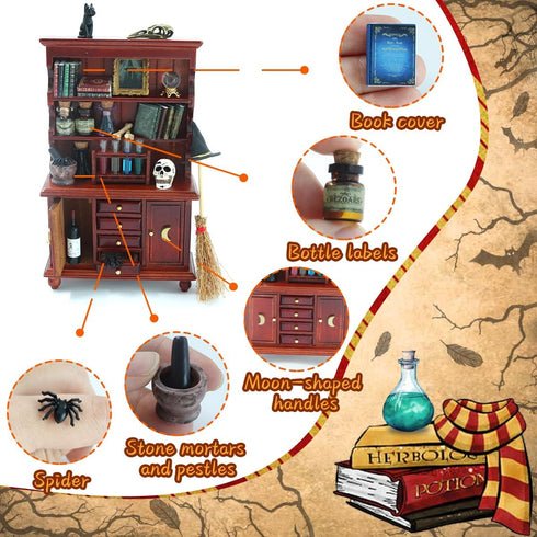 1/12 Set Dollhouse Miniatures Scale Accessories, Wooden Bookshelf Furniture - Magic Bottle&Potion, Witch Frame and Hat
