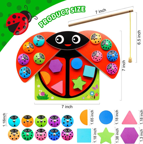 MOONTOY Toddler Wooden Counting Ladybug Montessori Toys, Birthday Gift Magnetic Fishing Game for Kids