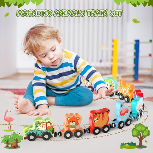 Toys for Toddlers, 11 Magnetic Wooden Animals Train Set, Montessori Learning Activities, Birthday Gifts for Kids