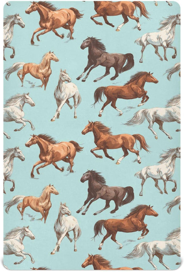 Pigsaly Crib Sheets White Horses Blue Baby Sheet for Standard Crib Mattress Boys