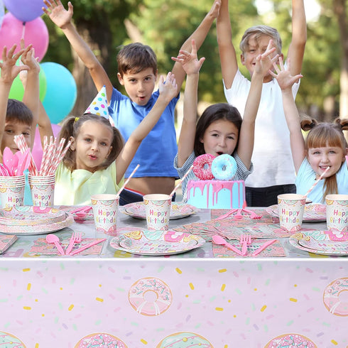194 24 Pcs Donut Ice Cream Birthday Party Decorations Supplies Guest Disposable Dinnerware with Tablecloth Paper Plates
