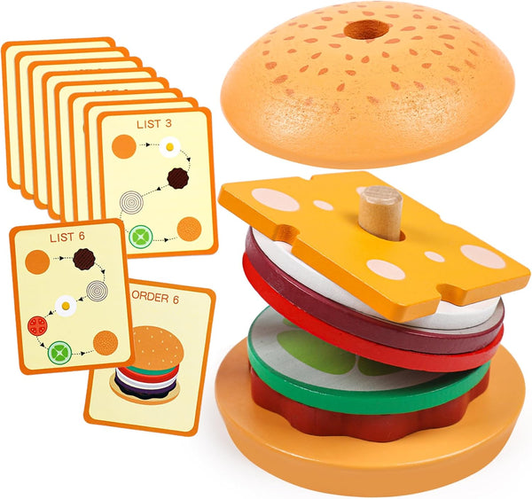 Wooden Burger Sorting Stacking Toys, Hamburger Toy for Toddlers, Educational Montessori Fine Motor Toys