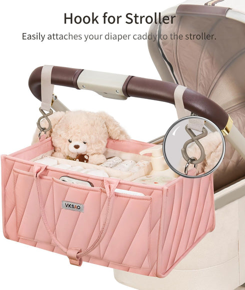 VKSAO Pink Diaper Caddy Organizer Portable Storage Basket with Shoulder Strap & Stroller Hooks, Splashproof Quilted