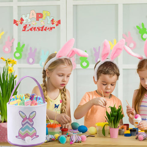 Cootato Easter Bunny Basket Bags for Kids, Personalized Canvas Cotton Bucket with Stripe Rabbit Pattern for Egg Hunt