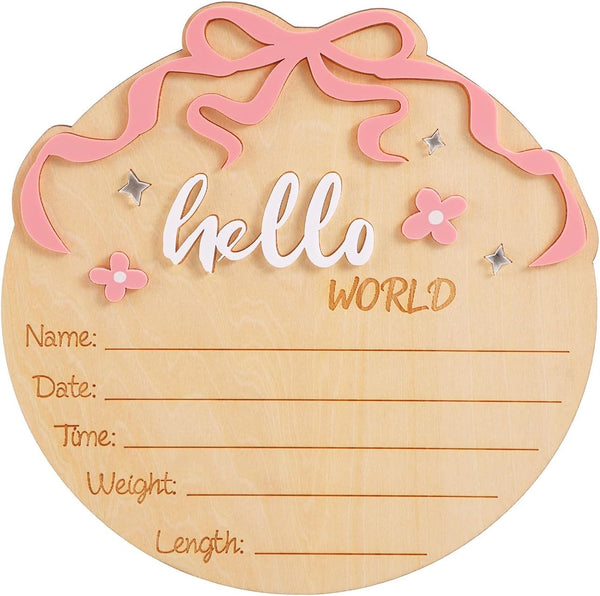 Penitue Hello World Newborn Name Sign, Wooden Pink Bow and Flower Baby Birth