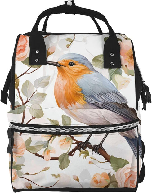 OUSIKA Floral Print Watercolor Robin Bird Print Diaper Bag Multifunction Laptop Backpack Travel