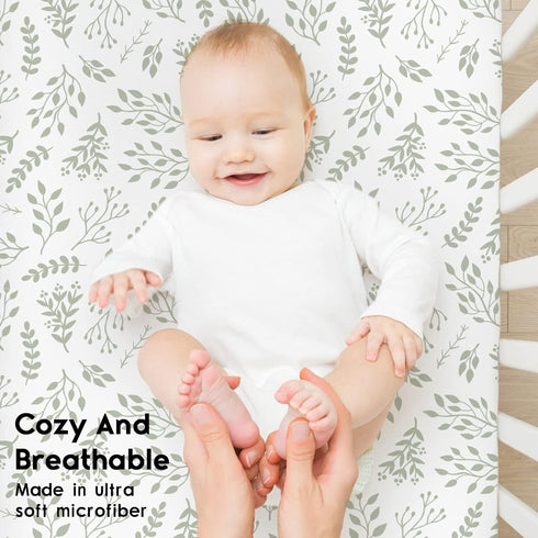 2 Pack 28x52x8in(Green+Leaf) Yoofoss Baby Crib Sheets for Boys Girls, Fitted Crib Sheet for Standard Crib and Toddler