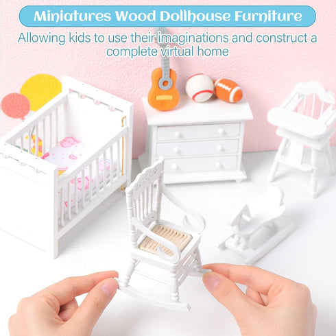 5 Pcs 1:12 Scale Wooden Dollhouse Furniture Set - White Miniature Wood Bedroom Accessories for Creative Play
