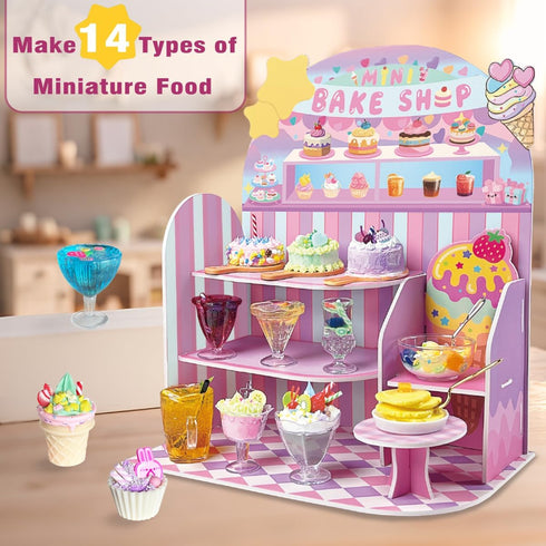 Set, 14Pcs 8+ Mini Bake Shop DIY Toy Making Pretend Desserts & Cakes, Resin & Clay Kitchen Play Kit, Scene Display