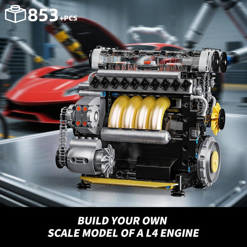 L4 Sets 4-Cylinder 14+ (853 Engine Building for Adults, MOC Inline Mini Car Motor Model Kit that Runs, DIY STEM Toy