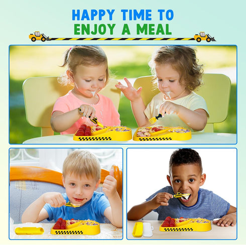 Construction Toddler Utensils Set, Reusable Plastic Fork and Spoon with Storage Case for Kids Gifts