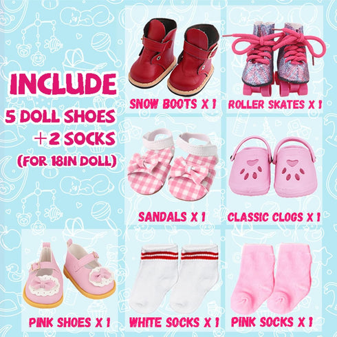 18 inch 5 2 18 18Pink Doll Shoes - Pairs of Different Types (Boots/Roller Skates/Sandals/Clogs) + Pairs of Pink/White