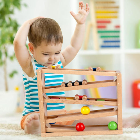 Qilay Wooden Race Track Car Ramp Racer Toy for Toddlers, 5 Level Race Car Ramp Set with 4 Wood Cars and 3 Balls, Great