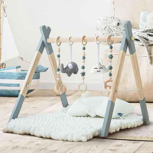 5 Wooden Baby Play Gym Foldable Gym Frame Activity Gym Hanging Bar with Toys Natural for Newborn Baby (Foldable Grey)