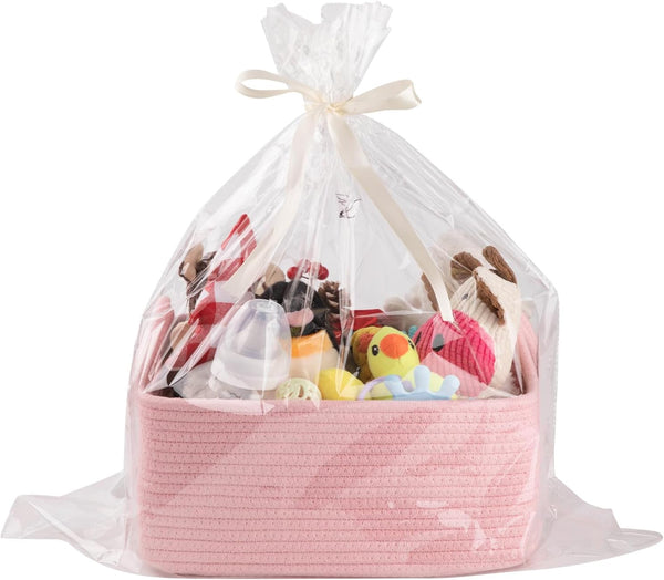 OIAHOMY Woven Basket, Gift Basket Empty with Gift Bags and Ribbons, Storage Basket with Handles for Nursery, Pink
