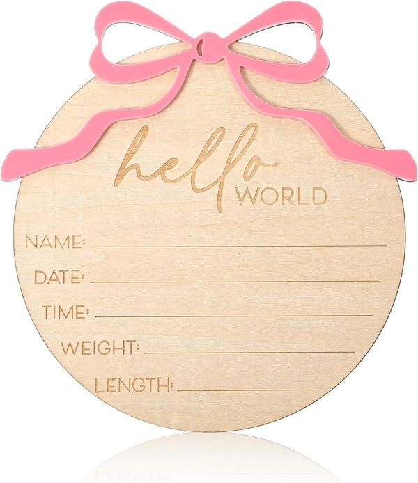 Lusofie Baby Name Announcement Sign - Wooden Hello World Newborn Sign - Pink