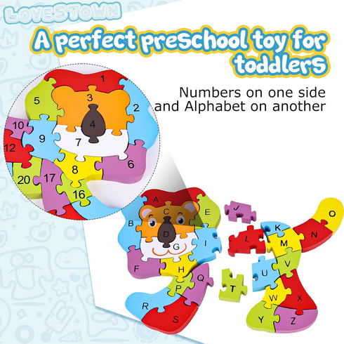 LovesTown Lion Wooden Puzzle, 26PCS Jigsaw Puzzle with Alphabet and Number Blocks for Preschool Education