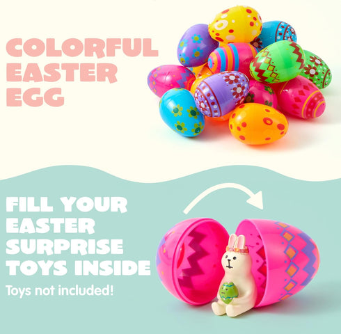 3.15Inch Favor-18 JOYIN Printed Plastic Eggs Colorful, Fillable Empty Eggs Bulks for Easter Hunt Event, Party pcs