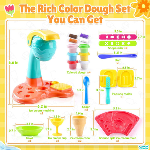 Set 3+ PLAY Clay Dough with Ice Cream Maker Machine/Noodle Maker/Banana Split Ice Cream Mold Kitchen Creations Arts