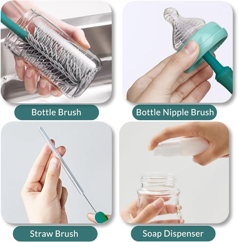 Set 16 Set Portable Baby Bottle Brush with Multiple Brushes,Soap Dispenser, Foldable Bottle Drying Rack for Bottles
