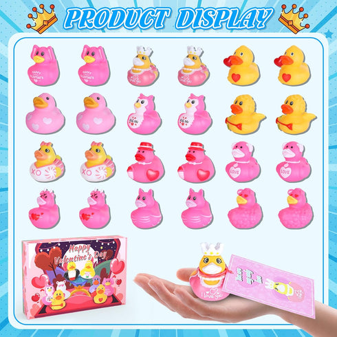 24 PCS Pink Rubber Ducks with Cards and Bands - Bulk Mini Rubber Ducks for Baby Bath Toys, Birthday Party Favors