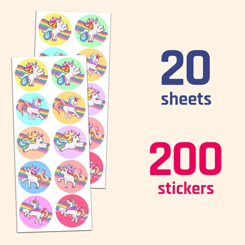 Unicorn Sticker Sheets for Kids - 20 Sheets, 200 Stickers, 1.5"