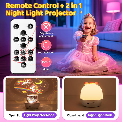 15 Films+15 360 Pikoy Unicorn Toys for Girls Gifts, Lullaby Sound Machine for Kids Night Light Projector