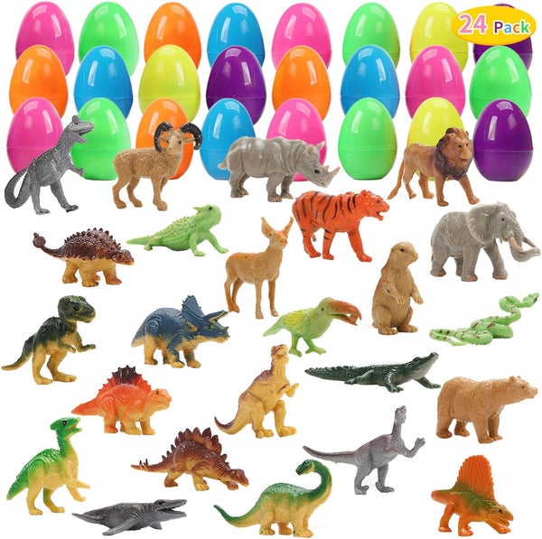 CUTE STONE 24 Pack Filled Easter Eggs with Dinosaurs and Animals, Easter