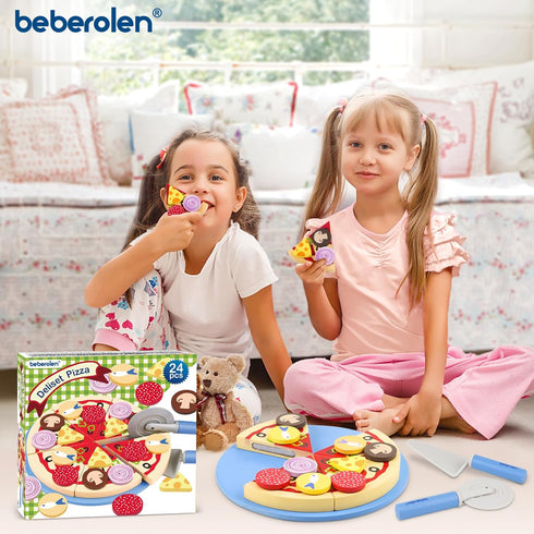 Wooden Pizza Toys for Kids - 24Pcs Cutting Toy Pizza Play Food Set for 3-5 Year Old Toddlers