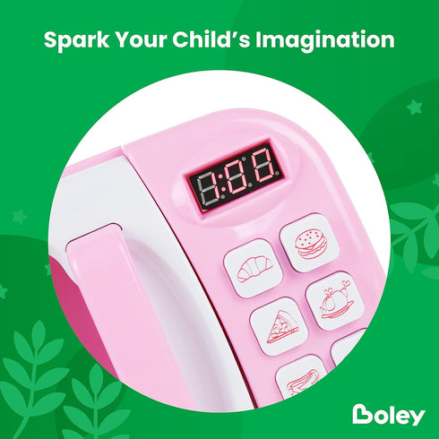 Boley Pink Microwave Playset - 11 Pc Light & Sound Pretend Play Kitchen Toys Set for Kids Ages 3+