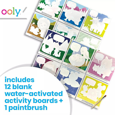 OOLY Water Amaze, 12 Reveal Boards & Brush, Reusable Water Reveal Pads for Kids, Water Coloring Books for Toddlers