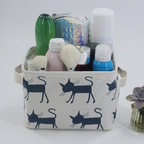 Mziart Small Foldable Canvas Storage Basket with Handles, Cotton Linen Organizer for Nursery & Kids (Blue Cat)