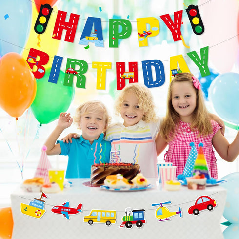 Faisichocalato Transportation Happy Birthday Banner, Car Bus Train Plane Photo Props Garland for Kids Party