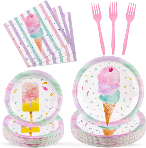 WERNNSAI Ice Cream Party Decorations - 200 PCS Ice Cream Plates Napkins