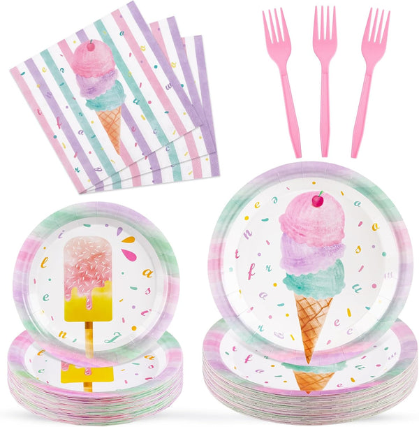 WERNNSAI Ice Cream Party Decorations - 200 PCS Ice Cream Plates Napkins