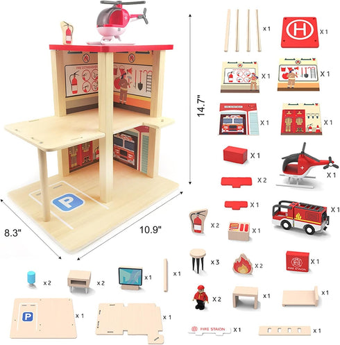Wooden Fire Station Playset, Multicolor 3-Level Dollhouse with Figures and Accessories for Kids Age 3+