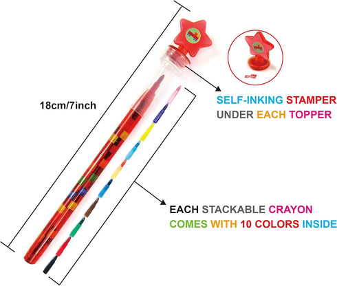 24 2 1 TINYMILLS Pcs Color Blocks Brick in Stackable Stacking Crayon with Extra Stamper Topper, Kids Party Favors