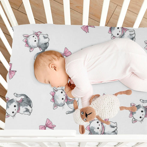 Vdsrup 39 27 5In Crib Sheets for Boys Girl Cat Pink Bow Neutral Mini Crib Mattress Sheets Fitted, Toddler Baby Sheets