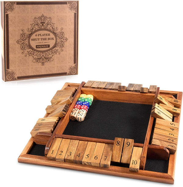 AMEROUS Shut The Box Dice Game - 1-4 Players, Wooden Board Math Game with 12 Dice, Family Classroom or Pub