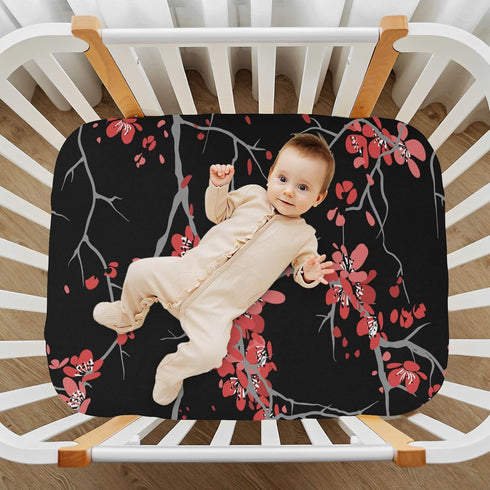 Red Cherry Blossoms Baby Crib Sheets - Japanese Flower Breathable Soft Fitted Sheets for Boys and Girls
